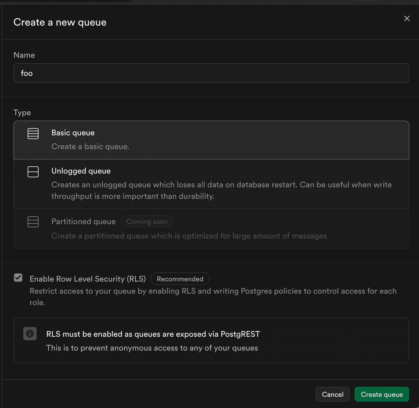 Create a Queue from the Supabase Dashboard