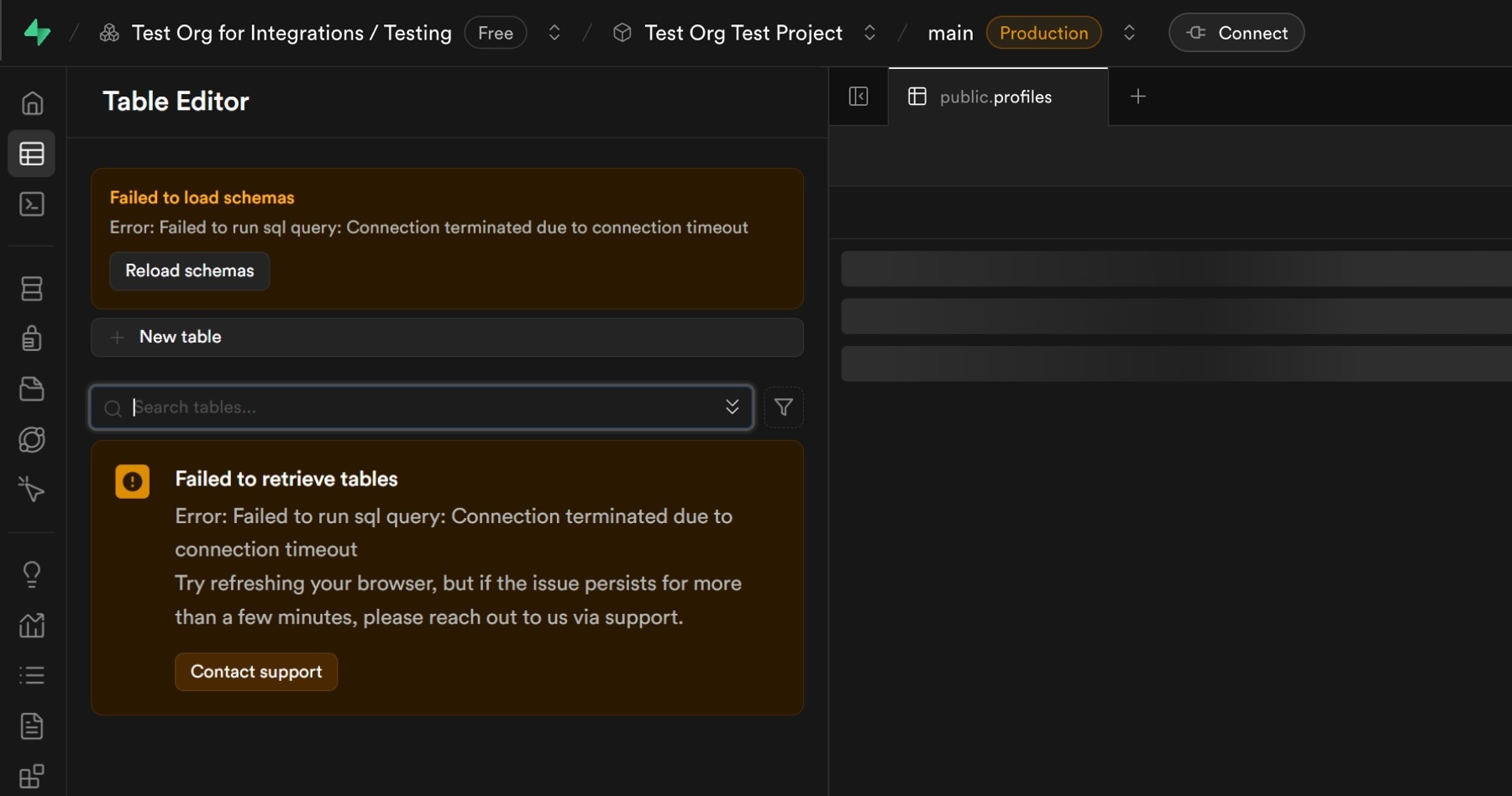 Failed to run sql query: Connection terminated due to connection timeout